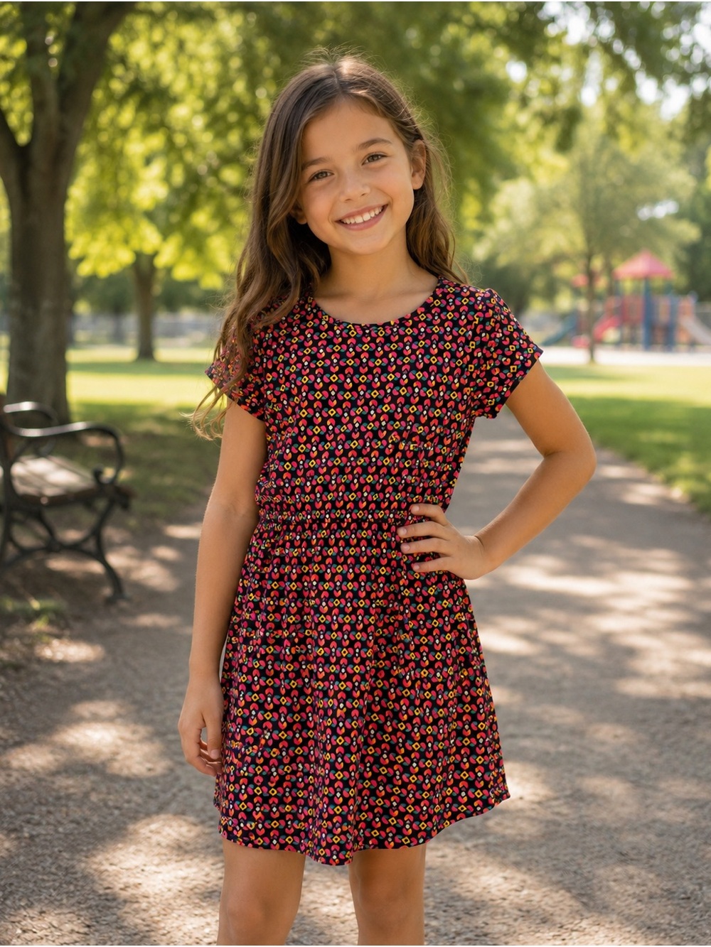 LuLaRoe Girls Black Dress with Pink and Yellow Floral Print